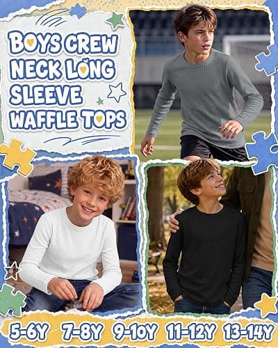 Hyggeweir 3 Pack Boys Long Sleeve Waffle Shirts | Teen Boys, Solid Tops, Crew Neck, Loose, Fall Thermal Tees, Layering, Back to School, Aged 5-14 Years, Kids thumbnail 6