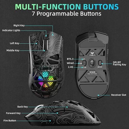 AULA SC620 Gaming Mouse Wireless,BT5.0/2.4G/USB-C Gamer Mice,PAW3311 Sensor,Up to 12000DPI,7 Programmable Buttons,67g Lightweight,400mAh Battery,RGB,Rechargeable Mouse for Laptop/PC/Mac (Black-L) thumbnail 9