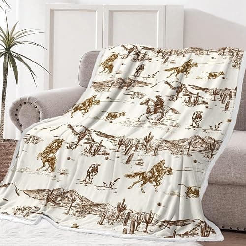 Western Cowboy Throw Blankets, Vintage Wild West Flannel Warm Soft Cozy Fluffy Bed Couch Blanket, Country American Theme White Fleece Throws to Decorate The Room and Bedroom 60X70 thumbnail 2