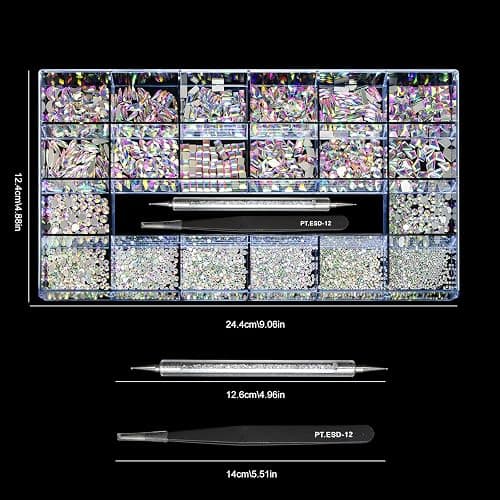 Yzzseven 12 Types of 600 Crystal AB Diamonds + 2500 Flat Rhinestones Mix 20 Styles Flatback DIY Crafts Rhinestone Crystals 3D Ornaments Flat Back Stones Set + Tweezers + Drill Pen thumbnail 2