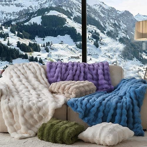 Lotus Karen Faux Fur Blanket - Cream White Twin Size, Big Bubble Rabbit Fluff, 60x80 Inches thumbnail 7