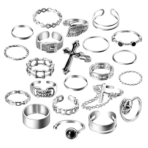 PANTIDE Vintage Punk Rings Set Gothic Knuckle Midi Rings Adjustable Alloy Chain Belt Cross Stackable Finger Half Open Rings Fashion Joint Jewelry for Women Men (Silver) 22Pcs - Image 1
