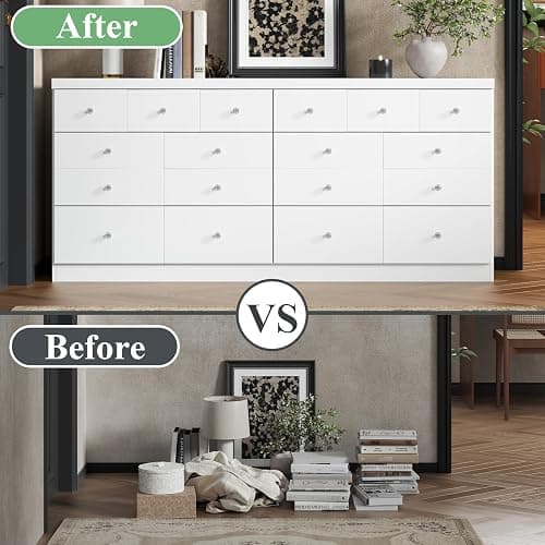 63'' Long Dresser for Bedroom, Modern 6 Drawer Dresser with 14 Organized Compartments & Glass Handles, Extra Large Chest of Drawers with Storage Drawer, Double Wide White Wood Dressers for Bedroom thumbnail 4