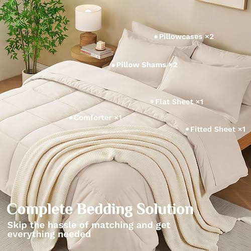 JOLLYVOGUE Queen Comforter Set, Ultra-Soft Bed in a Bag Queen Size 7 Pieces, Oeko-TEX Certified Bedding Set with Down Alternative Comforter, Sheets, Pillowcases & Shams, Beige thumbnail 6