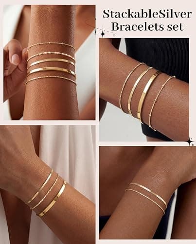 Dainty Gold Bracelet for Women Trendy Non Tarnish, Thin Bracelets Stackable Set with Bangle Cuff, Box, Herringbone, Paperclip, Figaro, Sparkling Link Chains Waterproof, Simple Jewelry Gifts for Women thumbnail 8