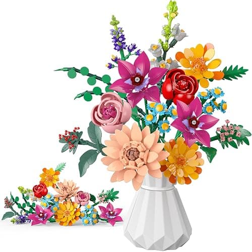 Anvure Flowers Bouquet Building Set, 887 Pcs with Flower Artificial Roses for Home Office Decoration, Gift for Mother's Day, Valentine's Day and Kids 6+/Adults Birthday - Image 1