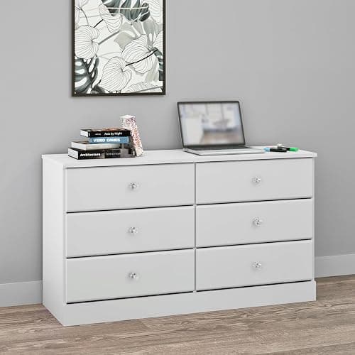 Prepac Astrid 6 Drawer Double Dresser for Bedroom with Crystal Knobs, Wide Chest of Drawers, Bedroom Furniture, Clothes Storage and Organizer, 15.5" D x 47.5" W x 26.85" H, White thumbnail 8