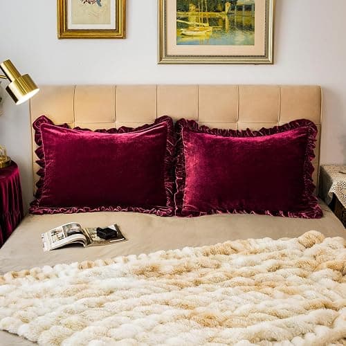 GLORY SEASON Velvet Pillow Shams Set of 2 Retro Ruffle Flounces Trim Soft Decorative Luxurious Solid Amaranth Farmhouse Vintage Pillow Cases for Bedroom Decor Standard 20x26 Inch thumbnail 2