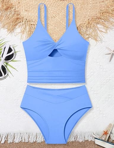 Doumlop Girls Swimsuit Color Block Girls Bathing Suit Twist Tankini Set Two Piece Girl Swimwear Bikini Set for 9-16 Years thumbnail 5