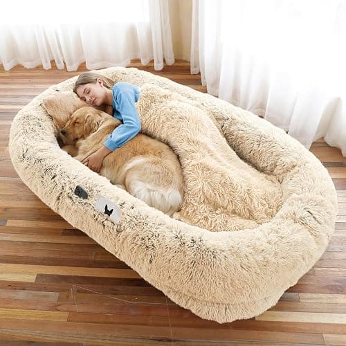 Human Dog Bed, 71''x45''x12'' Size Fits You and Pets, Washable Faux Fur Pet Bed for People Doze Off, Napping Orthopedic Dog Bed, Present Plump Pillow, Blanket, Strap - Beige - Image 1