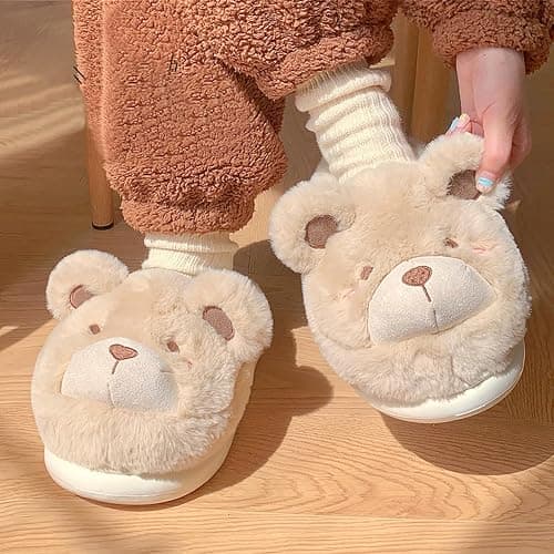 conrtems Winter home warm Baotou cotton slippers girl heart cute plush bear soft bottom slippers. thumbnail 2