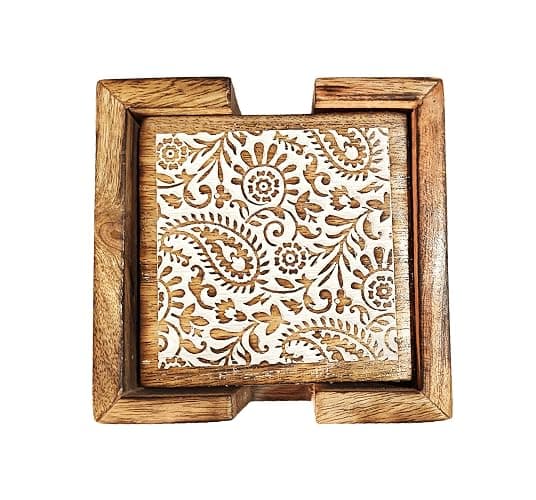 VANIYA CRAFTS® Handmade Wooden Coasters for Drinks with Holder for Coffee Table, Hot Drinks, Beverages, Housewarming Gift (Natural White Finish) (Natural White 2) thumbnail 2