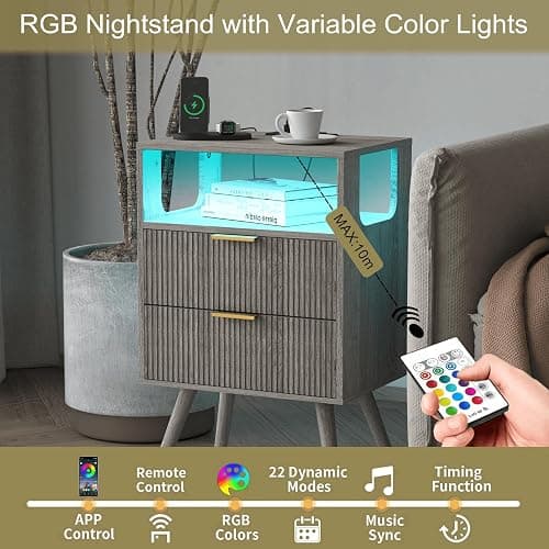 JOONEE Nightstand with Charging Station and LED Lights,Modern Bedside Table with 2 Storage Drawer and Open Wood Shelf, for Bedroom and Small Spaces,Night Stand with Solid Wood Legs,GreyOak thumbnail 5