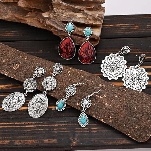 Western Earrings for Women Bohemian Silver Oval Teardrop Turquoise Earrings Dangle Western Country Cowgirl Jewelry Accessories Gift thumbnail 2