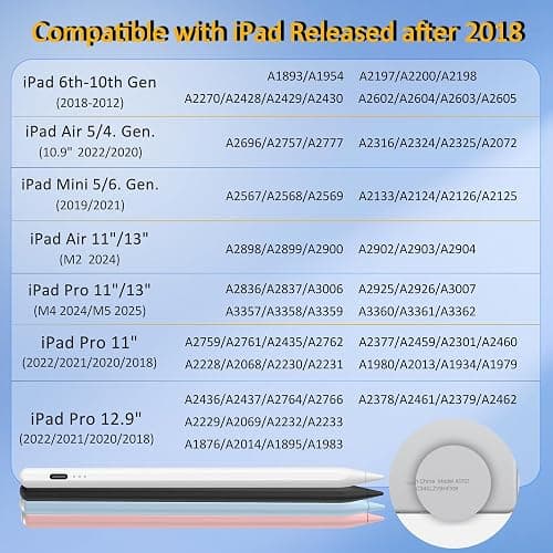 Stylus Pen for iPad 2025-2018, 15 Mins Fast Charge Pencil for iPad A16 11th/10th/9-6th Generation, Air M3 M2 11"/13"/5/4/3, Pro M4 11"/12.9"/13", Mini A17 Pro/6/5th, Tilt Sensitivity & Palm Rejection thumbnail 2