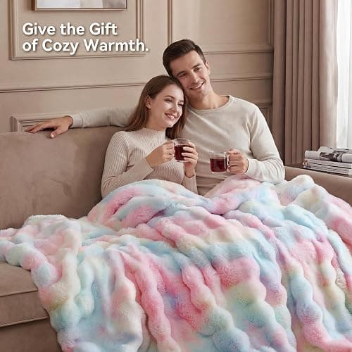 Smoofy Faux Rabbit Fur Throw for Couch - Rainbow Bubble Blanket 50"x60" | Fluffy Plush Fuzzy Colorful Throw for Sofa & Bed, Super Soft Cozy Comfort Blanket, Luxury Rainbow Decor Gift for Women thumbnail 7