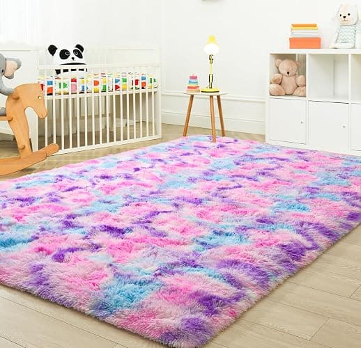 Tepook Soft Rainbow Rug for Girls Room, Cute Fluffy Girls Bedroom Rugs, 4x6 Feet Shaggy Princess Rug Colorful Carpet for Kids Teens Toddler Playroom Nursery Reading Nook, Hot Pink thumbnail 9