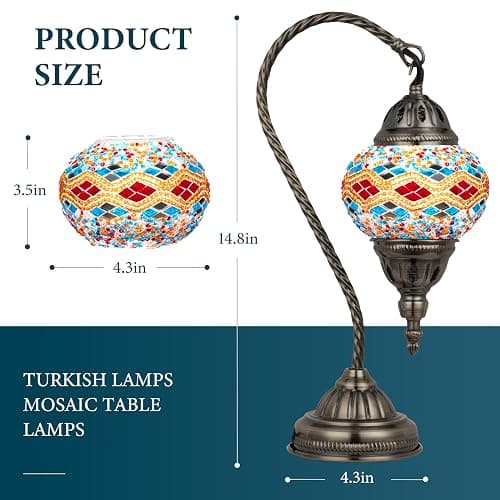 Marrakech Stained Glass Lamp Turkish Table Lamp with Tiffany Style, Handmade Moroccan Mosaic Lamps Vintage with Swan Neck Bronze Base Including LED Bulb for Living Room Bedroom Decor (Colorful3) thumbnail 3