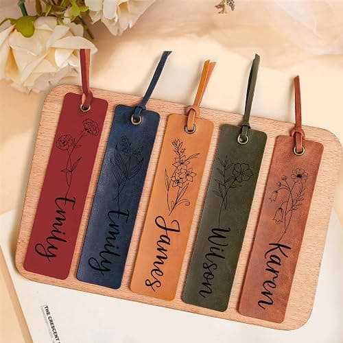Personalised Bookmark Engraved Leather Book Mark Gifts with Birth Month Flower for Women Men Teacher Custom Bookmark Book Marks Bookmarks Gifts for Graduation Birthday Christmas (Brown) thumbnail 5