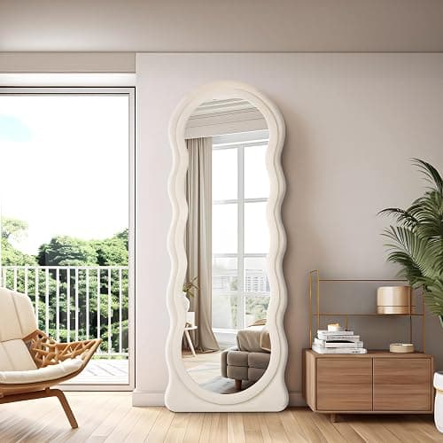 CILIBER Wavy Mirror Full Length, 63" x 24" Irregular Mirror, Large Wall Mirror Wave Pattern, Flannel Wrapped Wooden Frame Full Body Mirror Hanging or Leaning Against The Wall for Bedroom, Living Room thumbnail 6