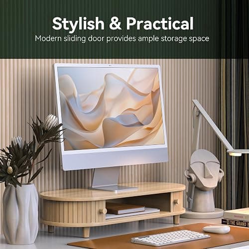 WELL WENG Bamboo Monitor Stand with Storage, Curved Computer Laptop Stand Desk Shelf Organizer with Sliding Doors (25 inch) thumbnail 3