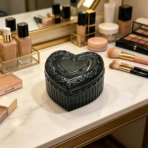 WHSLILR Black Glass Jewelry Box - Heart Shape Cute Box for Storage Ring Earring Trinket Vintage Jewelry Organizer Decorative Gift for Women Girls- 3.66 x 3.54 x 2.26 IN - GRB003-Black thumbnail 7