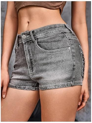 WDIRARA Women's Cross Embroidery Rhinestone Denim Shorts Y2k Grunge Punk Jean Shorts thumbnail 6