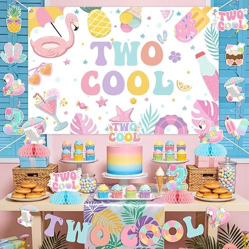 Funmemoir Two Cool Pool Birthday Party Decorations for Girls 2nd Birthday, Macaron Color Backdrop Banner Cake Topper Balloons Honeycomb Centerpieces for Summer Swimming Beach Theme Party thumbnail 3