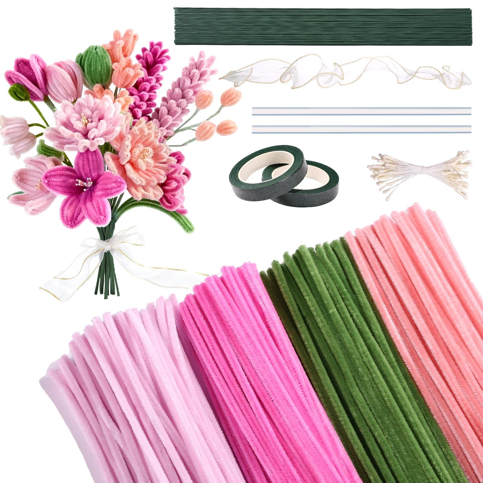 LEMESO Pipe Cleaners Flower Kit, Pink, 400 Pcs Chenille Stems - Image 1
