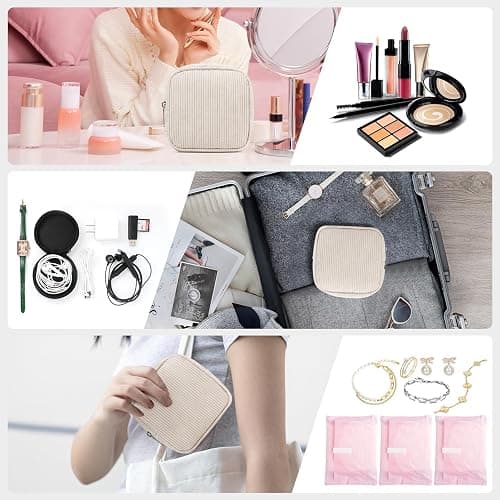 Small Makeup Bag for Purse – Mini Travel Cosmetic Pouch with Metal Zipper, Compact Corduroy Mini Makeup Bag for Cosmetics, Jewelry, Cables – Cute and Vintage Design, Beige thumbnail 5