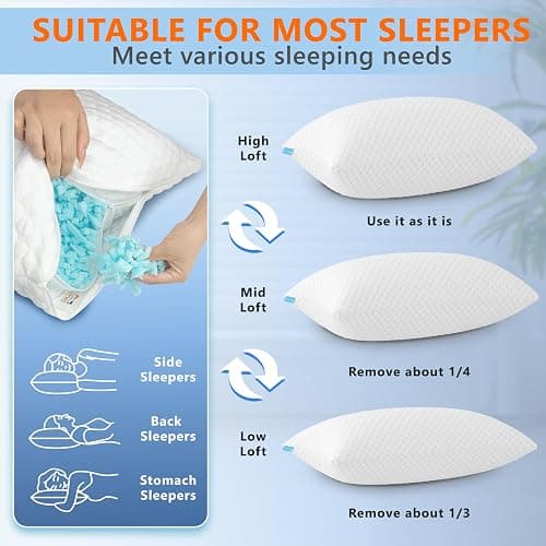 UYWO Cooling Pillows Queen Size Set of 2, Memory Foam Pillows with Zipper, Firm Bed Pillows Adjustable for Hot Side Back Stomach Sleepers thumbnail 6