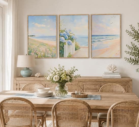Wood Framed Pastel Coastal Wall Art Pink Beach & Blue Hydrangea Pictures Wall Decor Ocean Wildflowers Posters Summer Beachy Preppy Painting Print Artwork for Beach House Bedroom Dorm Apartment thumbnail 5