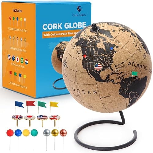 Cork Globe with Push Pins - 9.4” Globe with Map of the World and Rotating Stand for Children or Adults, 100 Metallic and 100 Colored Push Pins - World Map for Home, Office, Classroom, Travel, Kids - Image 1
