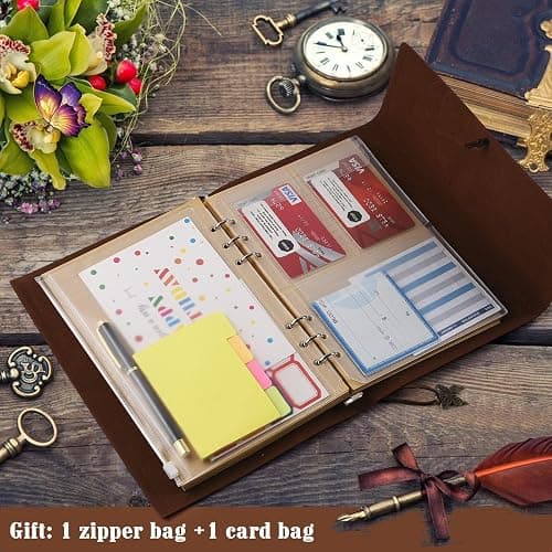 OMEYA Leather Journal Notebook, Refillable Writing Journal Diary Planner for Women Girls (Brown, A5-9.3''×6.3'') | 6.5" x 9.2", 160 Pages, 2 PVC Pockets, Vintage Travel Journals for Writing, Gift for Women and Girls thumbnail 5