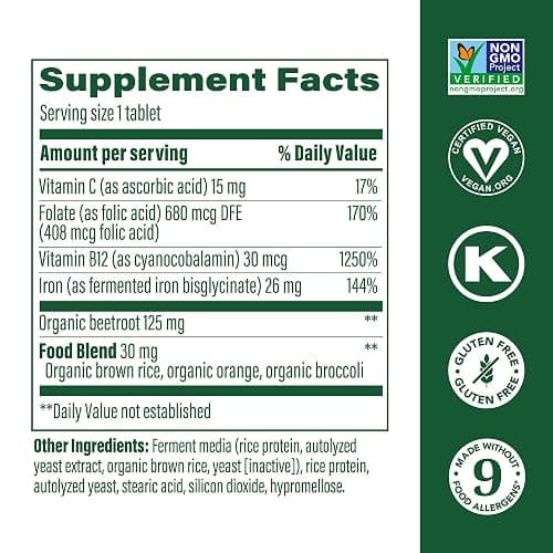 MegaFood Blood Builder Iron Supplement for Women & Men - Increase Iron Levels Without Side Effects - Combats Fatigue - with Vitamin B12, Folic Acid & Vitamin C for Absorption - Vegan - 180 Tablets thumbnail 3