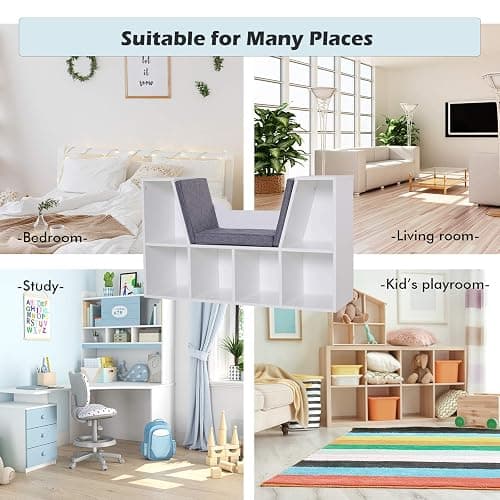 HOMCOM Bookcase Storage Shelf with Cushioned Reading Seat, Cube Bookshelf Organizer for Bedroom Living Room, White - White thumbnail 7