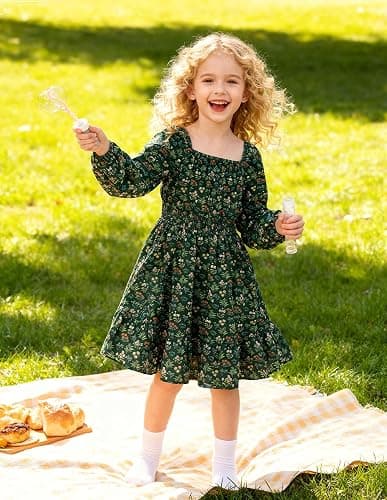 GRACE KARIN Girls Fall Dress Floral Long Sleeve Midi with Smocked Waist for Holiday Party 6-14Y thumbnail 5