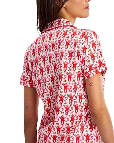 Oklihoe 2-Piece Monkey Pajamas Set for Women Button Down V Neck Summer Y2K Lounge Set for Beach Vacation Jammies Party Gift thumbnail 5