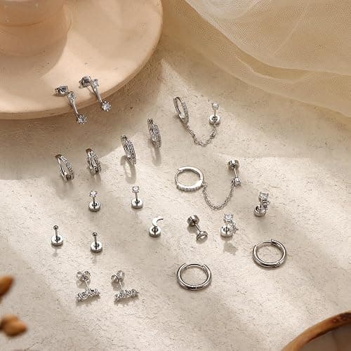 Florideco 14K Gold Plated Earrings for Women Hypoallergenic 20G Surgical Stainless Steel Flat Back Stud Earrings Dainty Stackable Earring Stacks Small Cartilage Earring Sets for Multiple Piercing thumbnail 7