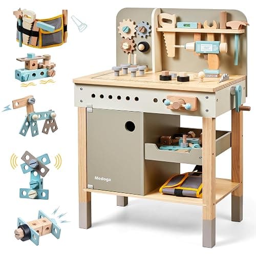 Kids Tool Bench,Wooden Play Tools Set with Kids Tool Belt Toddlers Workbench Pretend Construction Tools Set Wooden Toy Drill Gift for Boys & Girls Age 3-5 - Image 1