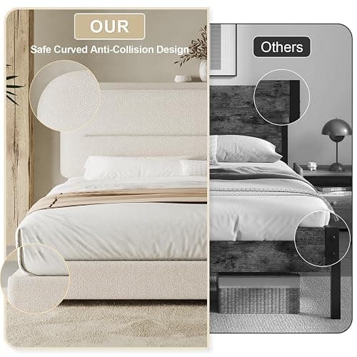HOMBCK Queen Bed Frame with Headboard, Boucle Upholstered Soft Platform Bed Frame with Thickened Footboard, Rounded Corners Design, No Box Spring Required, Easy Assembly, Cream thumbnail 5