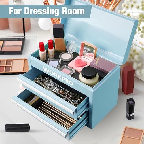 WORKPRO Mini Metal Tool Box with 2 Drawers and Top Storage, Small Tool Chest with PVC Liners and PP Feet Pads, Cold Rolled Steel Toolbox with Magnetic Tab thumbnail 6