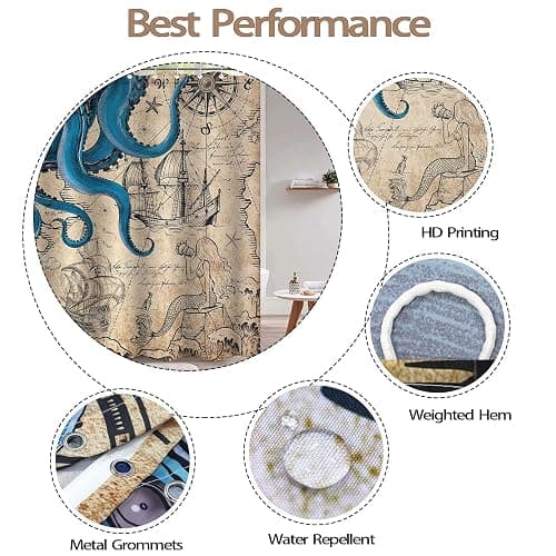 Fungarth Vintage Nautical Octopus Shower Curtain Navy Blue Mermaid Funny Ocean Kraken Shower Curtains for Bathroom Anchor Coastal Map Waterproof Fabric Bath Curtain Decor with Hooks (Retro, 72” x 72”) thumbnail 7