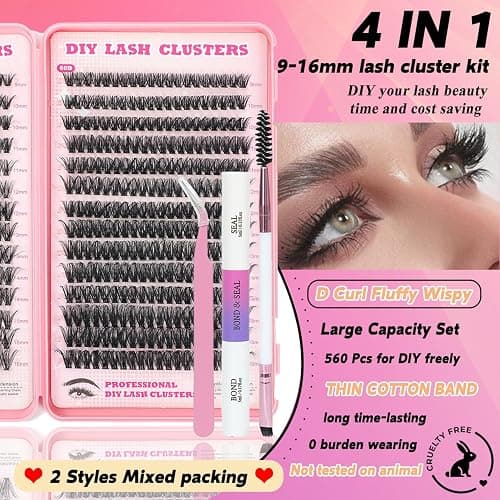 Lash Clusters Kit, 560 Pcs Eyelashes Clusters Kit 9-16mm Individual Lash Extension Kit D Curl Fluffy Wispy False Eyelashes (50D+60D New, Lash Clusters Kit) thumbnail 2