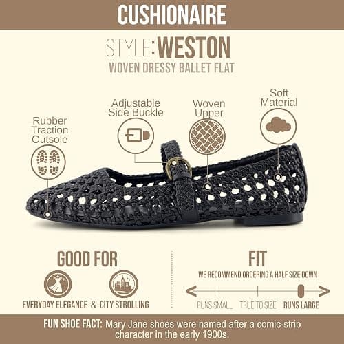 CUSHIONAIRE Weston Hand Woven Mary Jane Flats for Women, Comfortable Dressy Ballet Flats with Braided Adjustable Buckle and Memory Foam Cushioning thumbnail 4