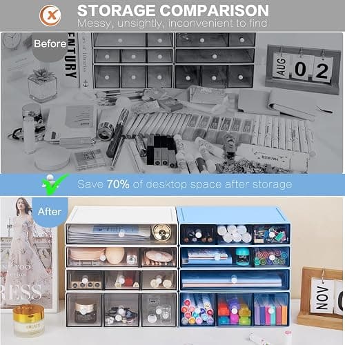 FODIENS Desk Storage Organizer with 9 Drawers, 4 Tiers Stackable Desktop Craft Storage Drawers, Clear Storage Box Caddy for Stationary Makeup Jewelry Office Craft Supplies (Blue) thumbnail 6
