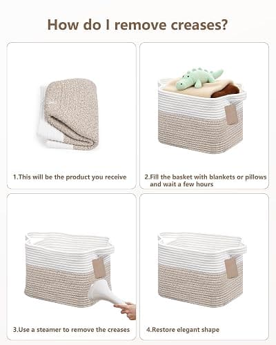 JOJOSEE Woven Storage Basket, Cotton Rope Basket for Shelves Toys Organizer, Square Storage Baskets for Books, Shoes, Decorative Gift Baskets for Home Bathroom Organizer 33x25x22.5cm (White&Brown) thumbnail 4