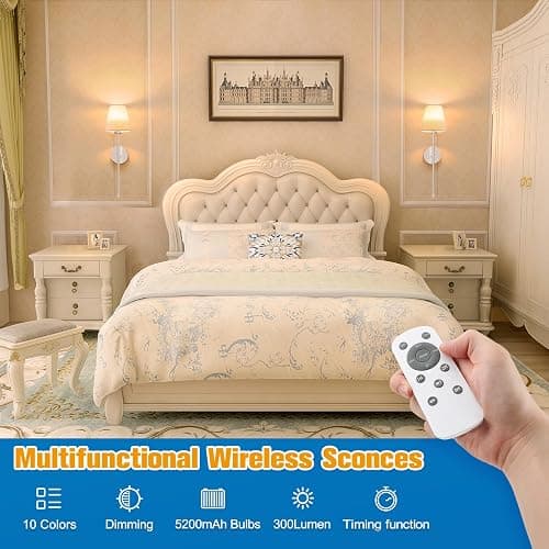 NIORSUN Battery Operated Wall Sconce Set of 2,Brushed Nickel Rechargeable Wall Lights with 5200mAh Dimmable Detachable Bulbs and Remote, 10 Colors Wireless Sconces for Bedroom Living Room Hallway thumbnail 2