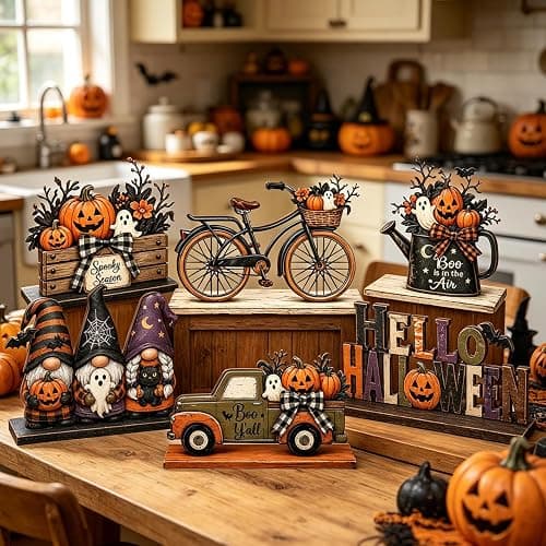 Halloween Decor Indoor, Halloween Table Decorations Indoor for Home | 6 Pcs Halloween Pumpkin Gnome Ghost Decorations Farmhouse Wooden Halloween Party Centerpiece Signs Decor for Kitchen Office thumbnail 8