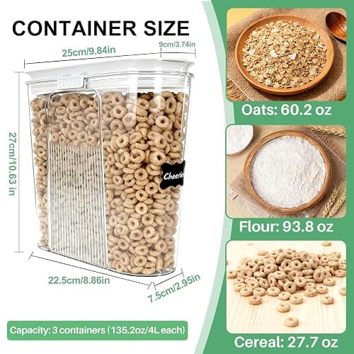 Cereal Containers Storage, 3 PCS PET Airtight Food Storage Containers With Lids (4L/135.2oz) For Kitchen Pantry Cabinet Organization, Plastic Clear BPA-Free Canister Set For Dry Food Flour Sugar Rice thumbnail 2